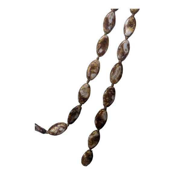 Vintage Earthy Brown & Cream Agate Beaded Necklace 54" Strand Barrell Clasp - Picture 6 of 7